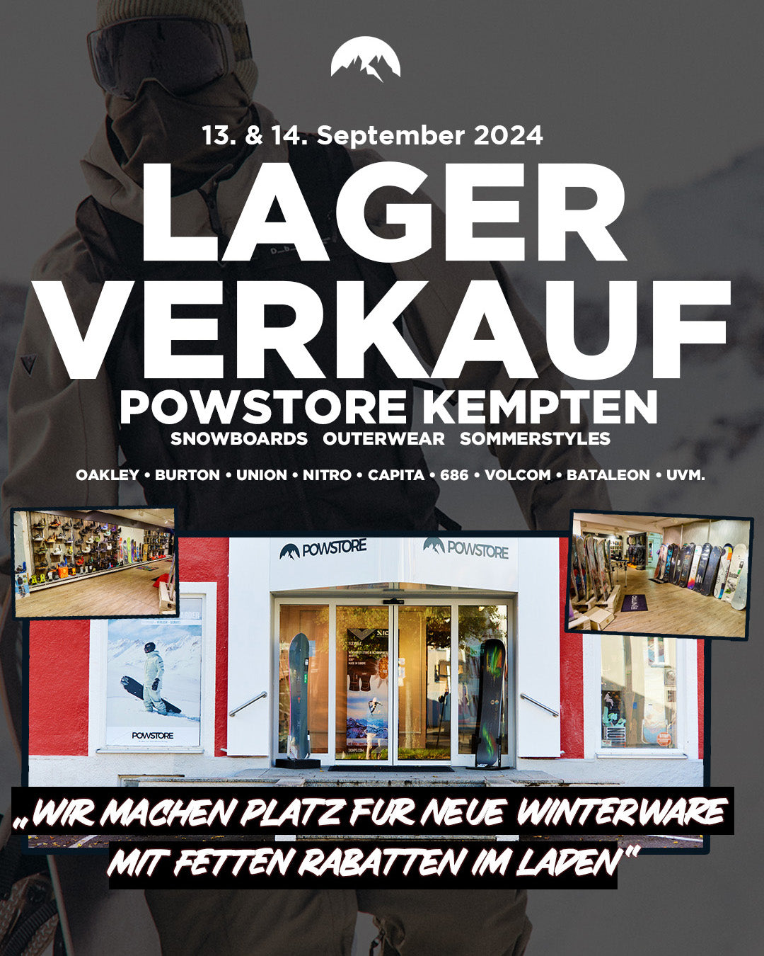 Lagerverkauf Powstore Kempten am 13./14. September 2024 - Riesen Rabatte auf Sommerstyles und Winterware